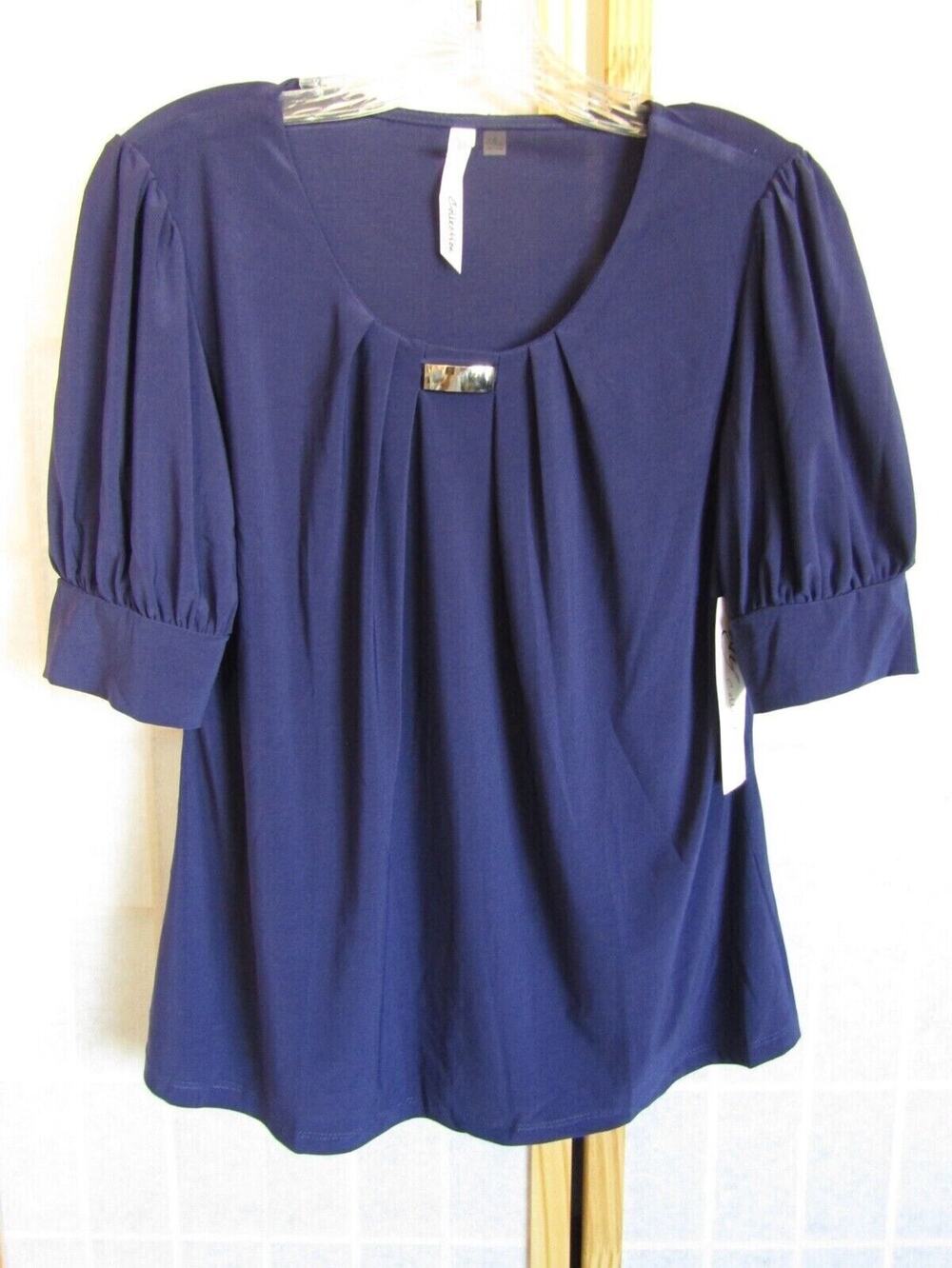 NWT NY Collection Navy  Gather Neck w Silver Trim Top Women Petite small (b4)